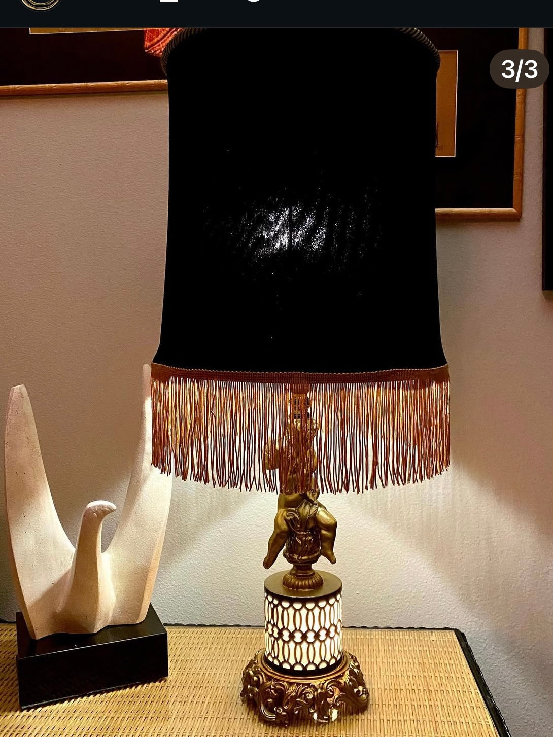 Lamp black shade vintage lamp fringe shade