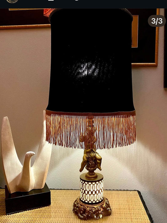 Lamp black shade vintage lamp fringe shade